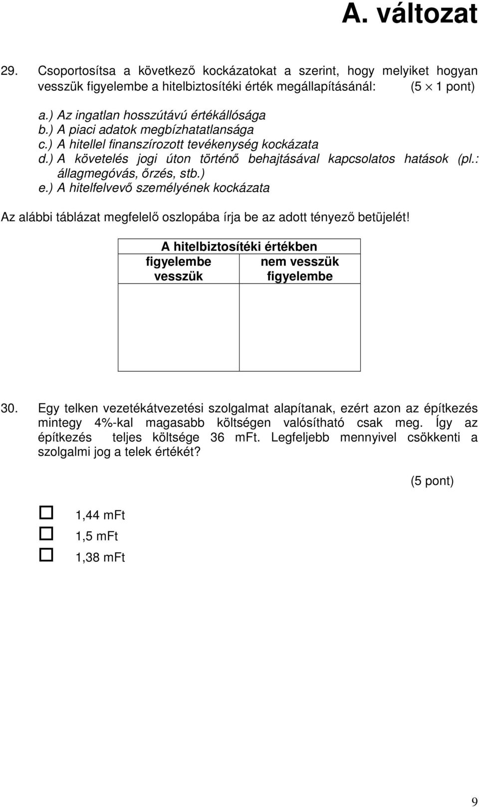 ) A hitelfelvevı személyének kockázata Az alábbi táblázat megfelelı oszlopába írja be az adott tényezı betüjelét! A hitelbiztosítéki értékben figyelembe vesszük nem vesszük figyelembe 30.