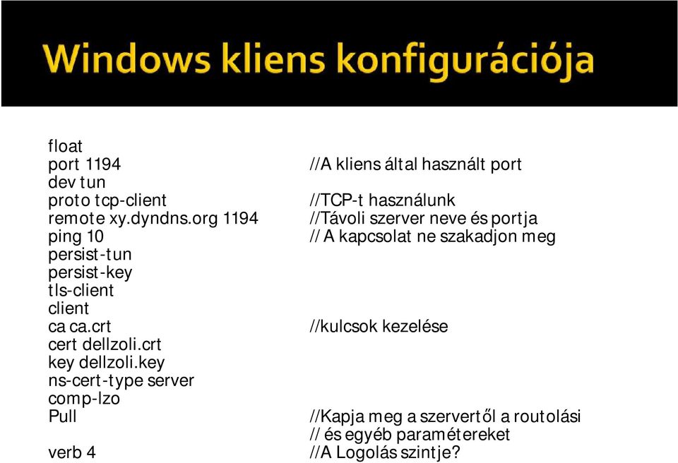 key ns-cert-type server comp-lzo Pull verb 4 //A kliens által használt port //TCP-t használunk //Távoli