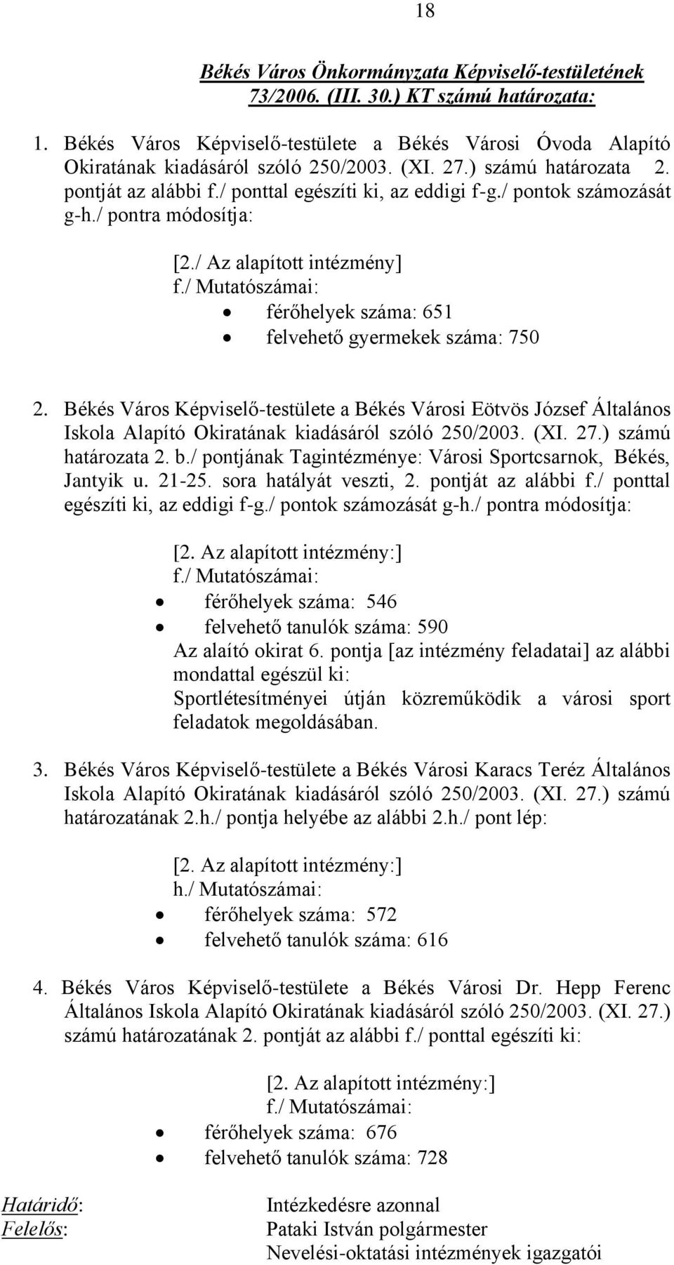 Békés Város Képviselő-testülete a Békés Városi Eötvös József Általános Iskola Alapító Okiratának kiadásáról szóló 250/2003. (XI. 27.) számú határozata 2. b.