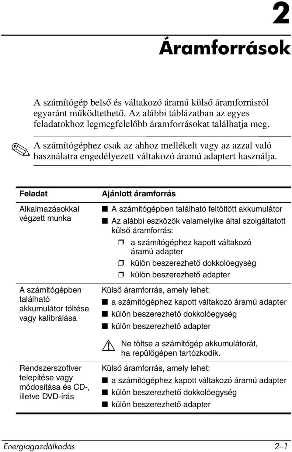 Feladat Alkalmazásokkal végzett munka A számítógépben található akkumulátor töltése vagy kalibrálása Ajánlott áramforrás A számítógépben található feltöltött akkumulátor Az alábbi eszközök