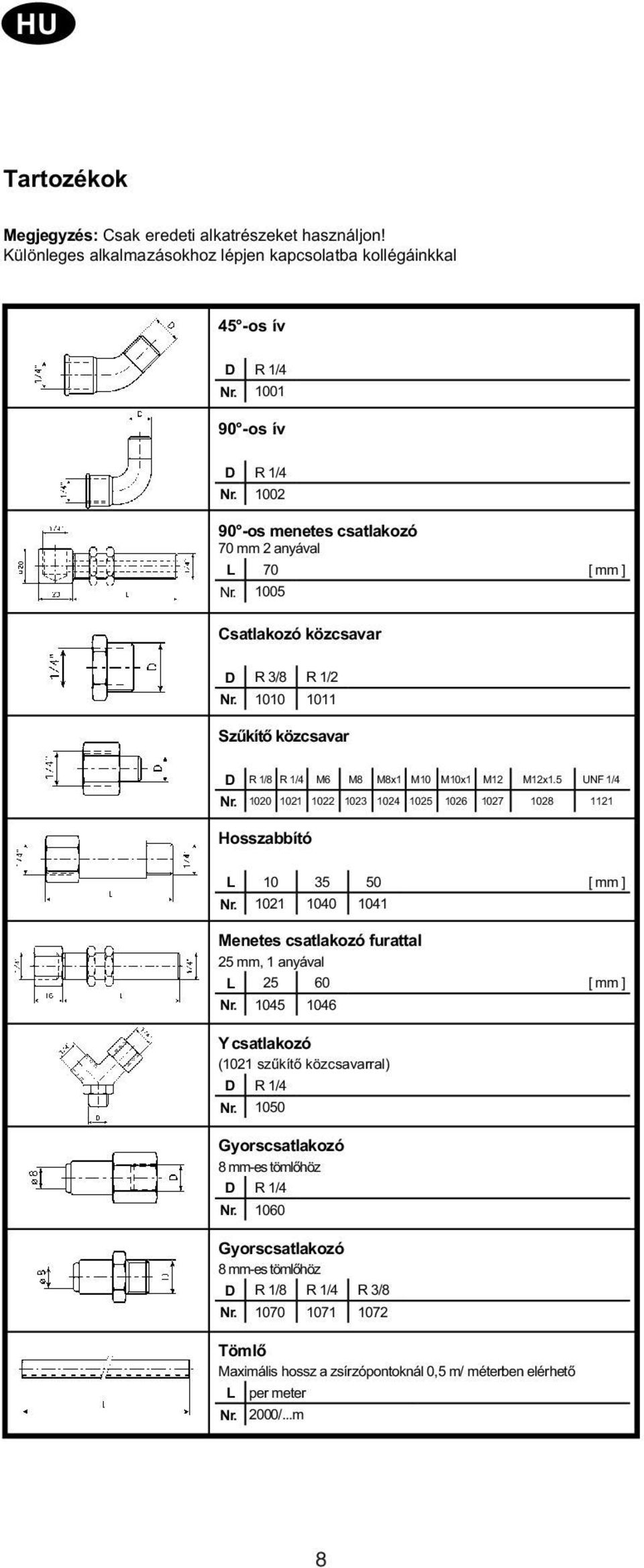 1020 1021 1022 1023 1024 1025 1026 1027 1028 1121 Hosszabbító L 10 35 50 [ mm ] Nr. 1021 1040 1041 Menetes csatlakozó furattal 25 mm, 1 anyával L 25 60 [ mm ] Nr.