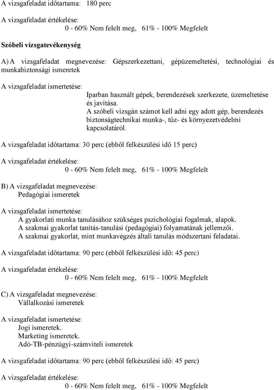A szóbeli vizsgán számot kell adni egy adott gép, berendezés biztonságtechnikai munka-, tűz- és környezetvédelmi kapcsolatáról.