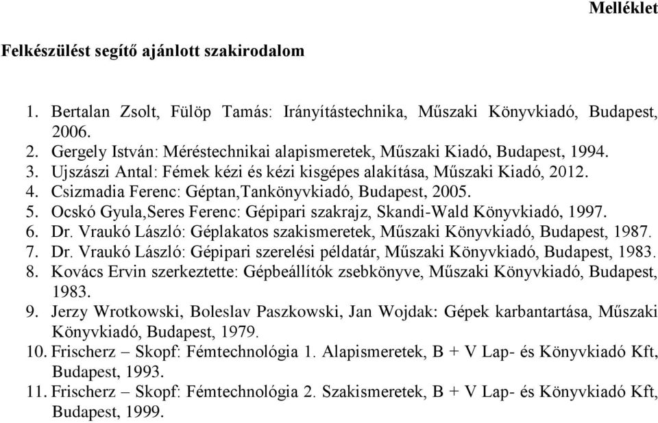 Csizmadia Ferenc: Géptan,Tankönyvkiadó, Budapest, 2005. 5. Ocskó Gyula,Seres Ferenc: Gépipari szakrajz, Skandi-Wald Könyvkiadó, 1997. 6. Dr.