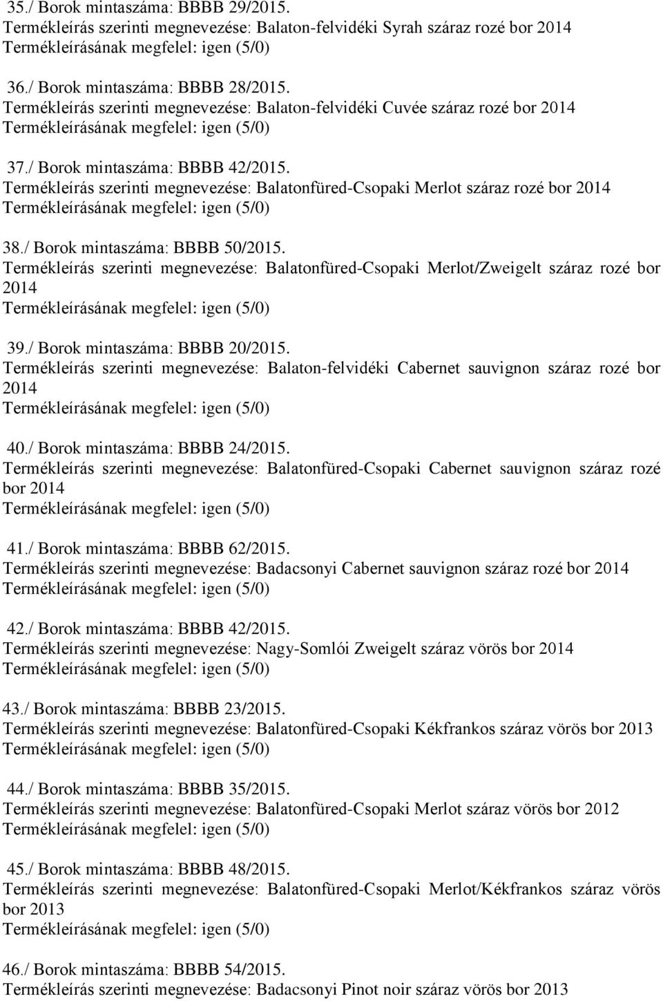 / Borok mintaszáma: BBBB 50/2015. Termékleírás szerinti megnevezése: Balatonfüred-Csopaki Merlot/Zweigelt száraz rozé bor 39./ Borok mintaszáma: BBBB 20/2015.