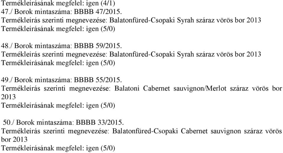 Termékleírás szerinti megnevezése: Balatonfüred-Csopaki Syrah száraz vörös bor 2013 49./ Borok mintaszáma: BBBB 55/2015.
