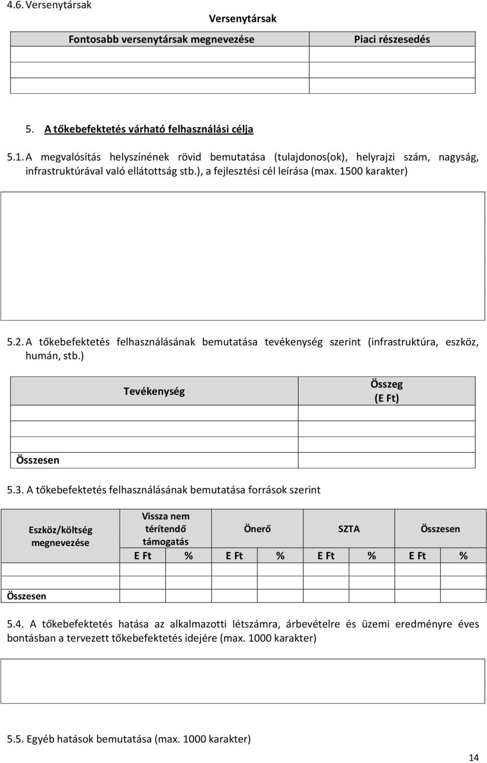 A tőkebefektetés felhasználásának bemutatása tevékenység szerint (infrastruktúra, eszköz, humán, stb.) Tevékenység Összeg (E Ft) Összesen 5.3.