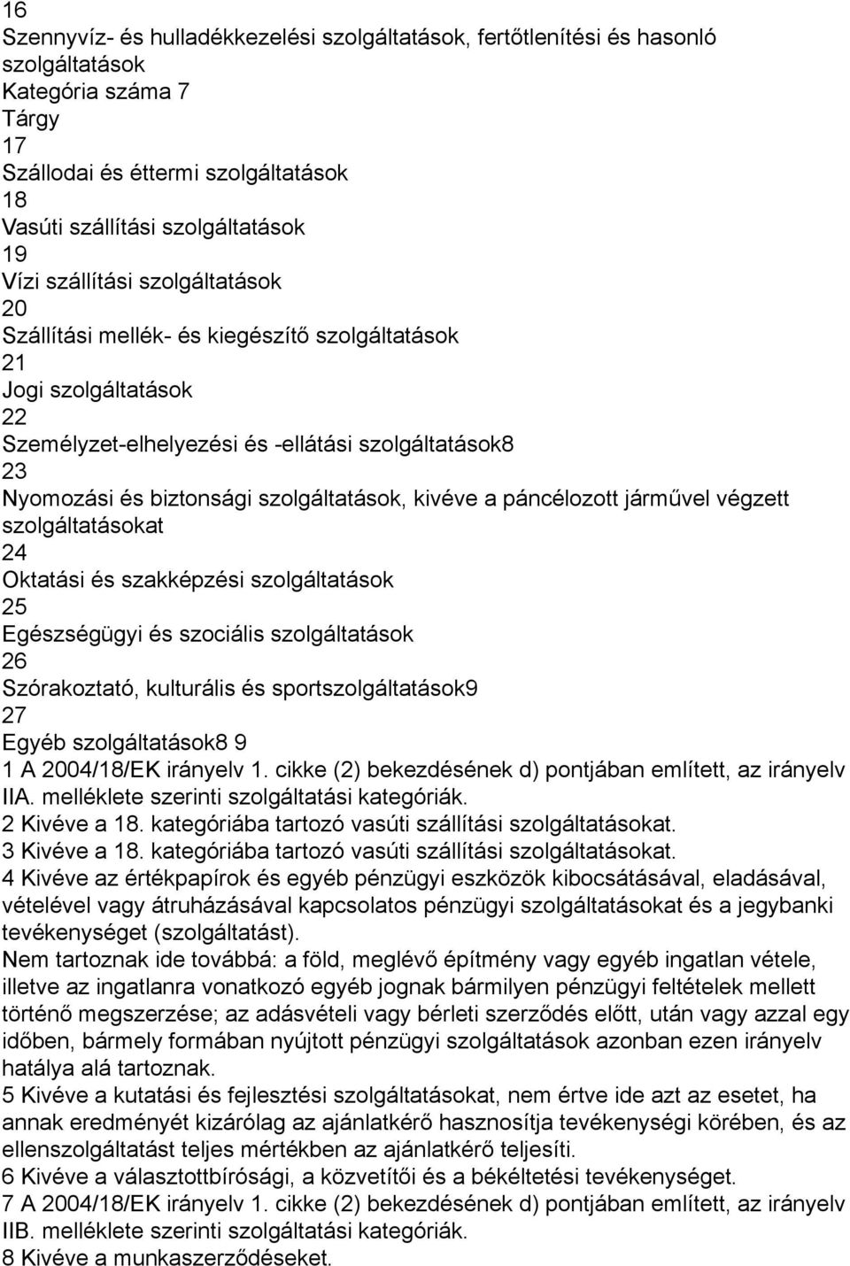 kivéve a páncélozott járművel végzett szolgáltatásokat 24 Oktatási és szakképzési szolgáltatások 25 Egészségügyi és szociális szolgáltatások 26 Szórakoztató, kulturális és sportszolgáltatások9 27