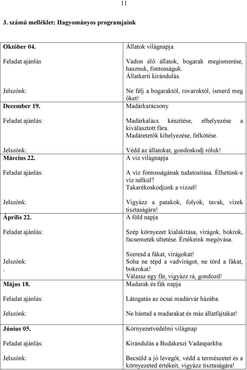 Állatkerti kirándulás. Ne félj a bogaraktól, rovaroktól, ismerd meg őket! Madárkarácsony Madárkalács készítése, elhelyezése a kiválasztott fára. Madáretetők kihelyezése, felkötése.