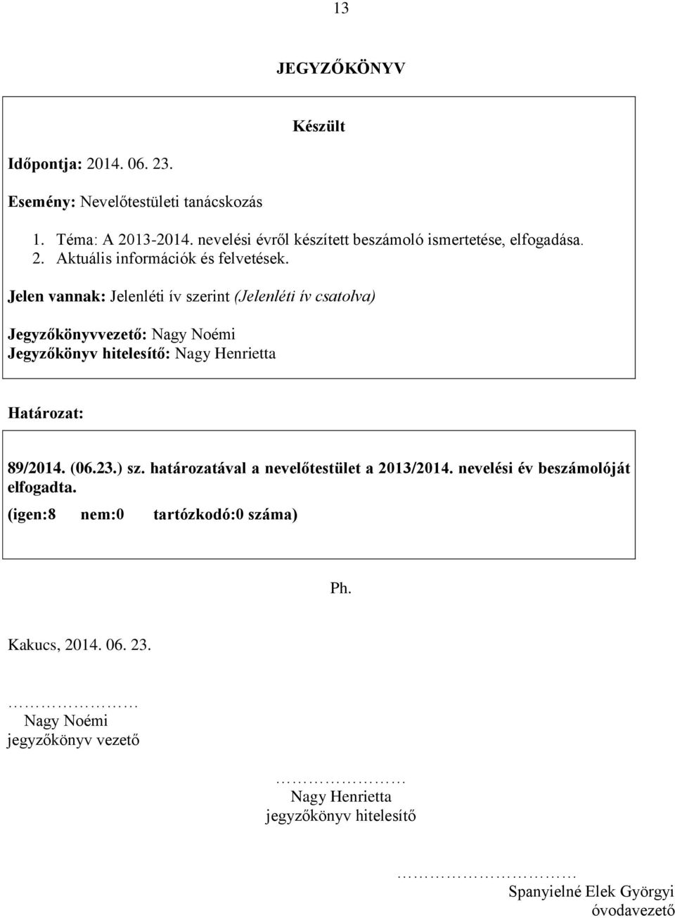 Jelen vannak: Jelenléti ív szerint (Jelenléti ív csatolva) Jegyzőkönyvvezető: Nagy Noémi Jegyzőkönyv hitelesítő: Nagy Henrietta Határozat: 89/2014. (06.