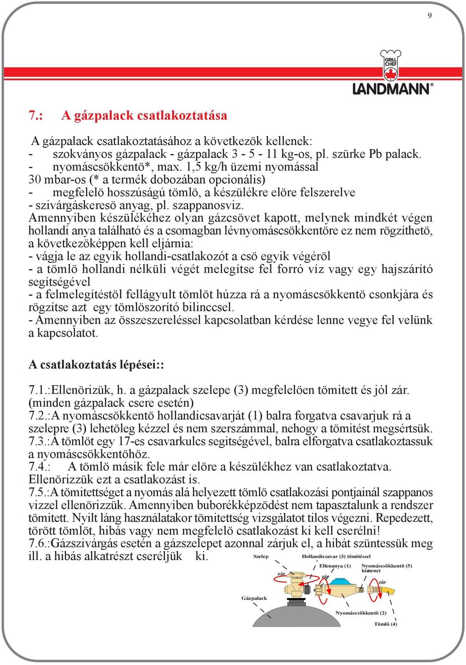 Amennyiben készülékéhez olyan gázcsövet kapott, melynek mindkét végen hollandi anya található és a csomagban lévnyomáscsökkentöre ez nem rögzíthetö, a következöképpen kell eljárnia: - vágja le az