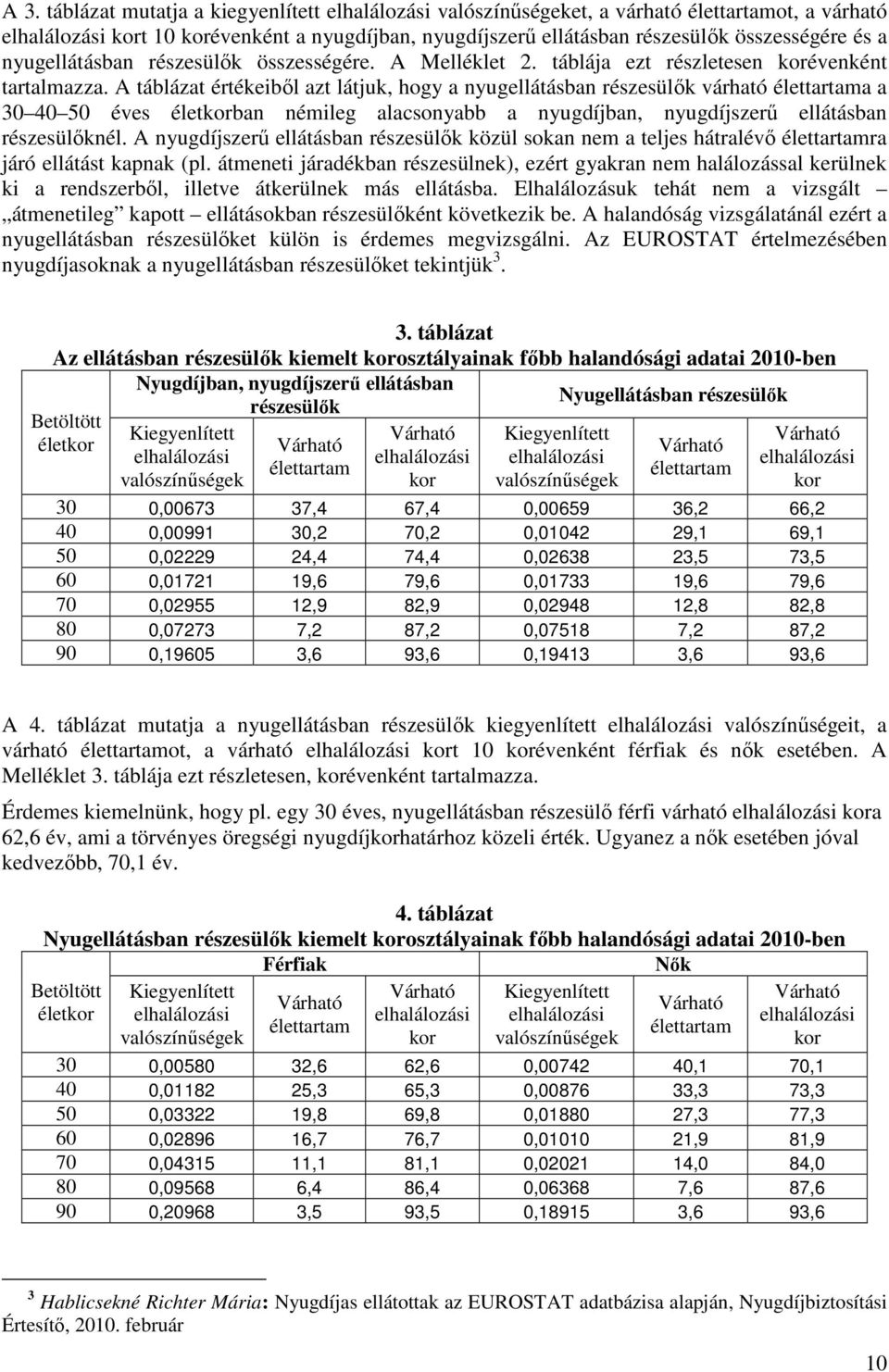 A táblázat értékeiből azt látjuk, hogy a nyugellátásban részesülők várható a a 30 40 50 éves életban némileg alacsonyabb a nyugdíjban, nyugdíjszerű ellátásban részesülőknél.