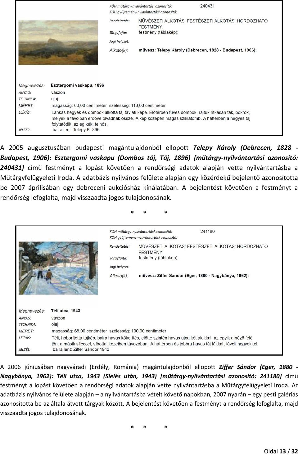 A adatbázis nyilvános felülete alapján egy közérdekű bejelentő azonosította be 2007 áprilisában egy debreceni aukciósház kínálatában.