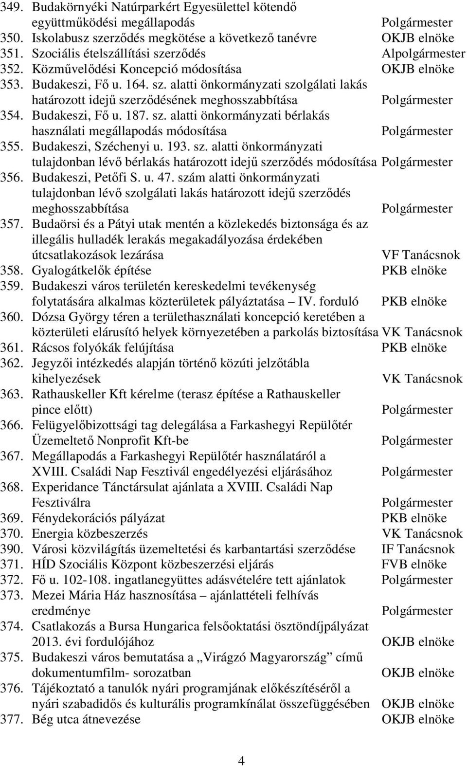 Budakeszi, Fı u. 187. sz. alatti önkormányzati bérlakás használati megállapodás módosítása Polgármester 355. Budakeszi, Széchenyi u. 193. sz. alatti önkormányzati tulajdonban lévı bérlakás határozott idejő szerzıdés módosítása Polgármester 356.