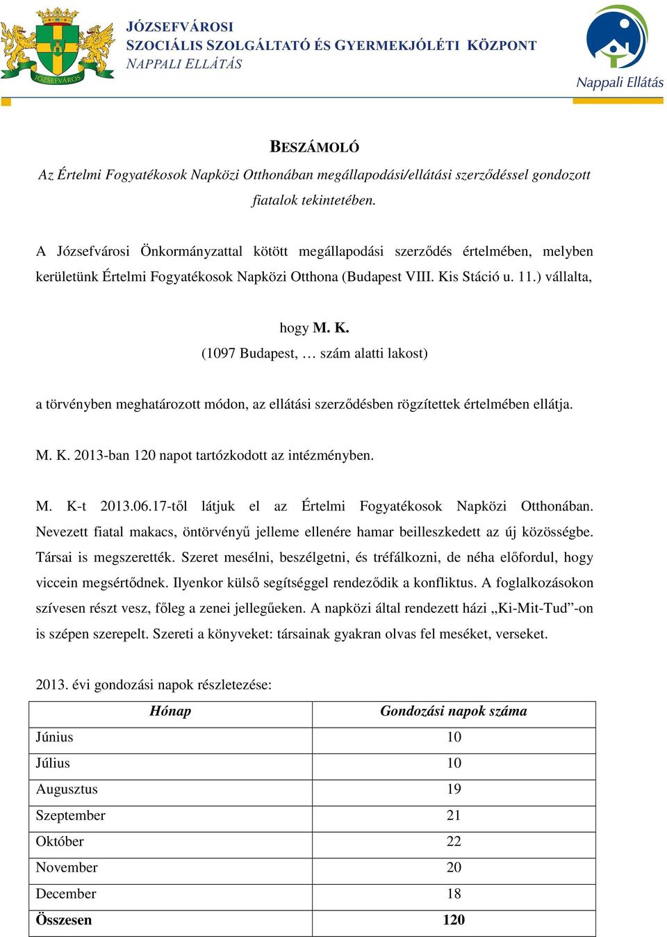 s Stáció u. 11.) vállalta, hogy M. K. (1097 Budapest, szám alatti lakost) a törvényben meghatározott módon, az ellátási szerződésben rögzítettek értelmében ellátja. M. K. 2013-ban 120 napot tartózkodott az intézményben.
