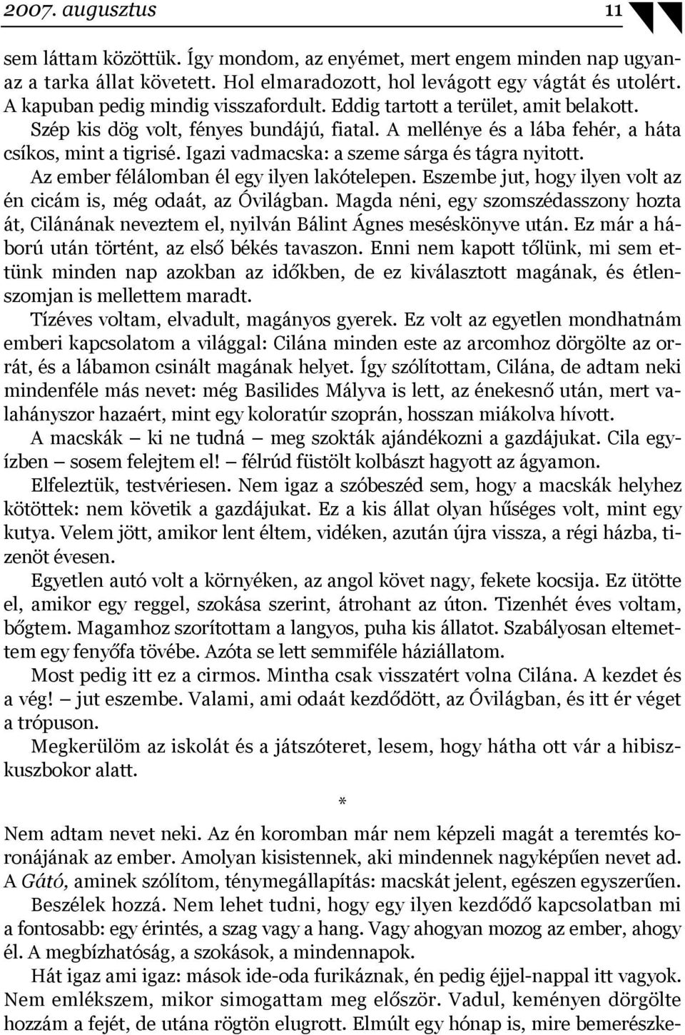 Igazi vadmacska: a szeme sárga és tágra nyitott. Az ember félálomban él egy ilyen lakótelepen. Eszembe jut, hogy ilyen volt az én cicám is, még odaát, az Óvilágban.