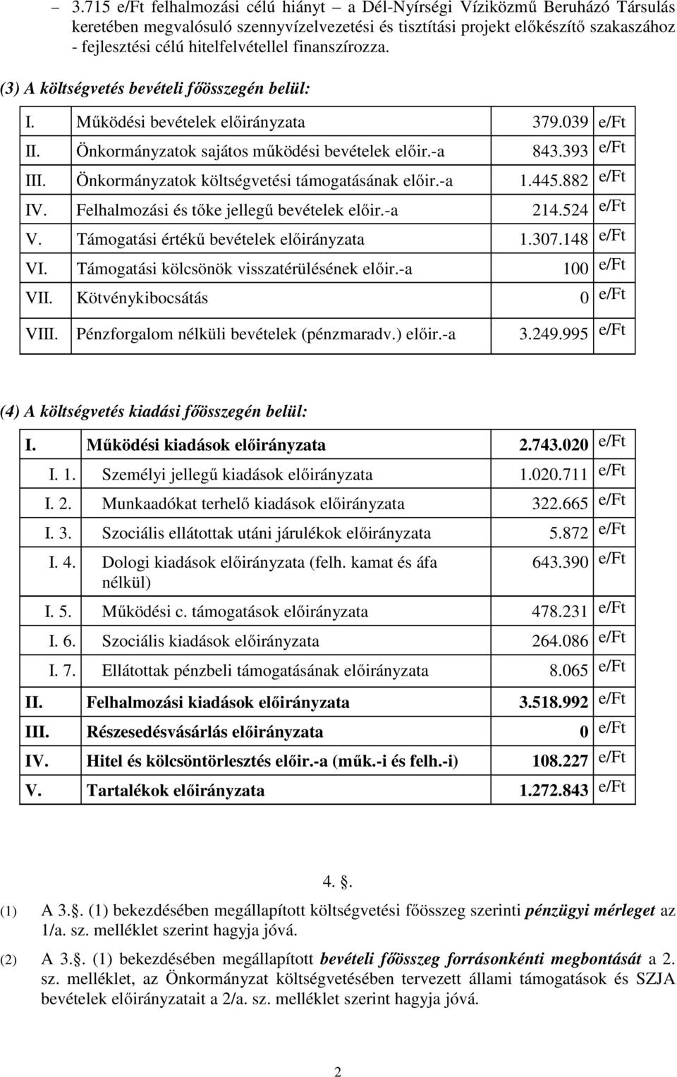 Önkormányzatok költségvetési támogatásának előir.-a 1.445.882 e/ft IV. Felhalmozási és tőke jellegű bevételek előir.-a 214.524 e/ft V. Támogatási értékű bevételek előirányzata 1.307.148 e/ft VI.