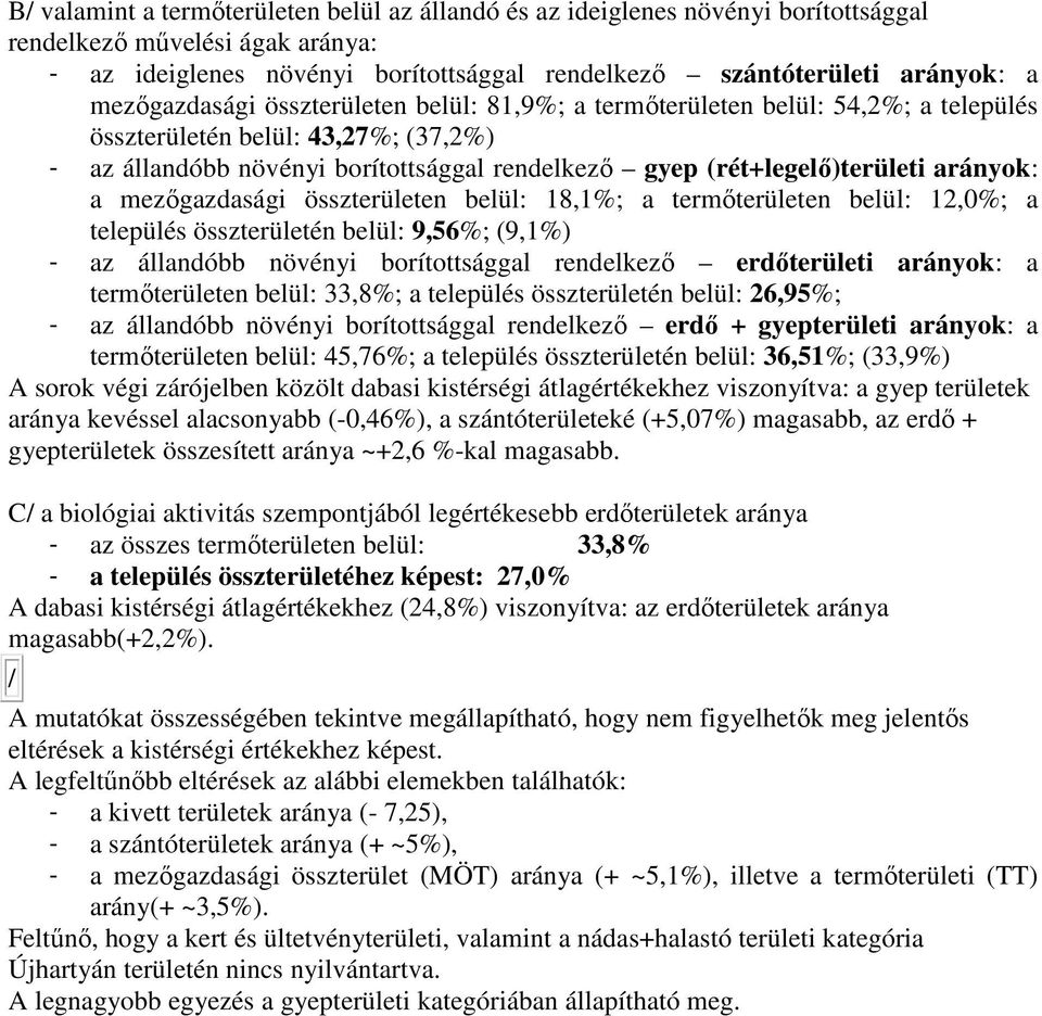 arányok: a mezőgazdasági összterületen belül: 18,1%; a termőterületen belül: 12,0%; a település összterületén belül: 9,56%; (9,1%) - az állandóbb növényi borítottsággal rendelkező erdőterületi