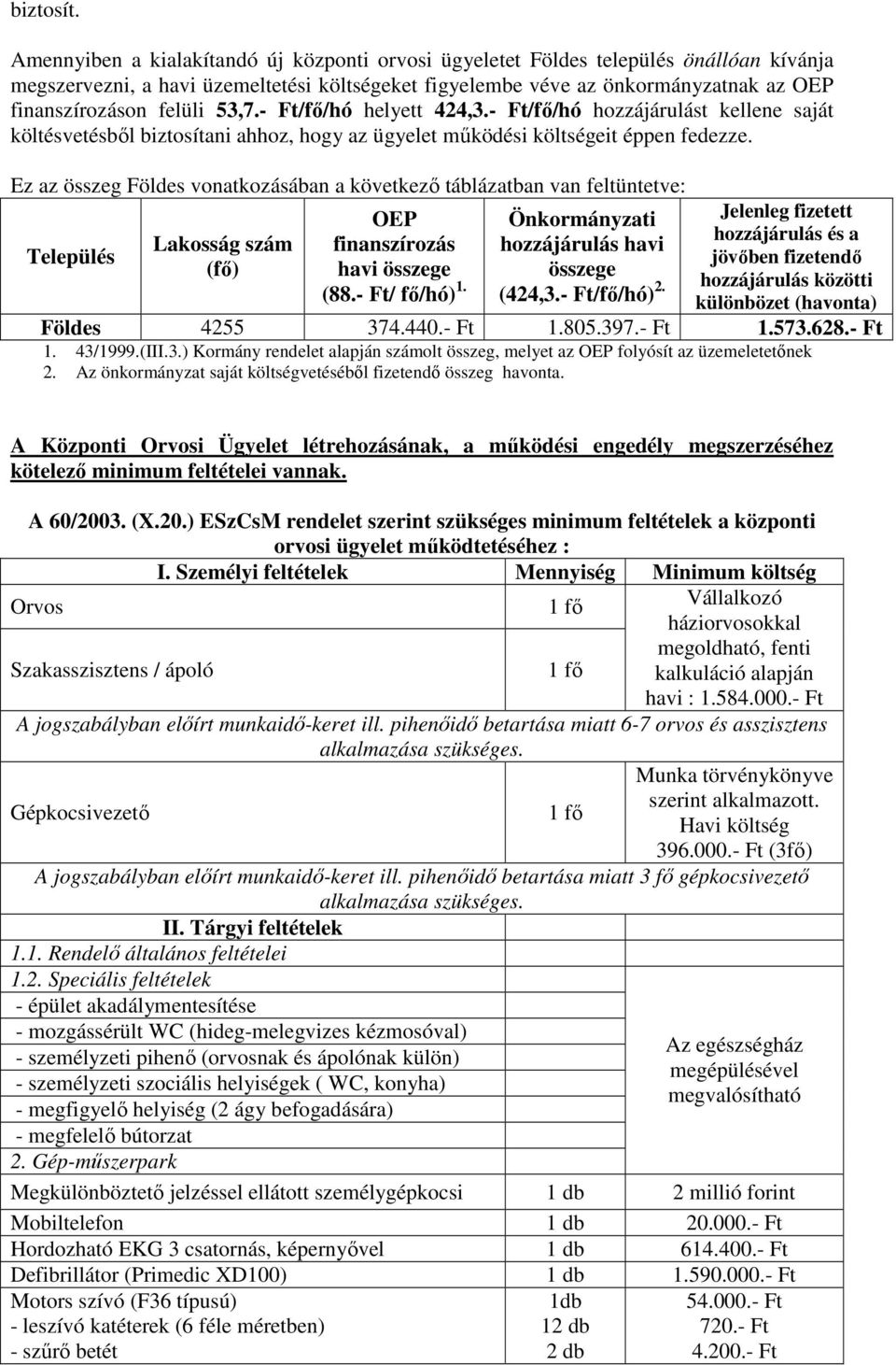 53,7.- Ft/fő/hó helyett 424,3.- Ft/fő/hó hozzájárulást kellene saját költésvetésből biztosítani ahhoz, hogy az ügyelet működési költségeit éppen fedezze.