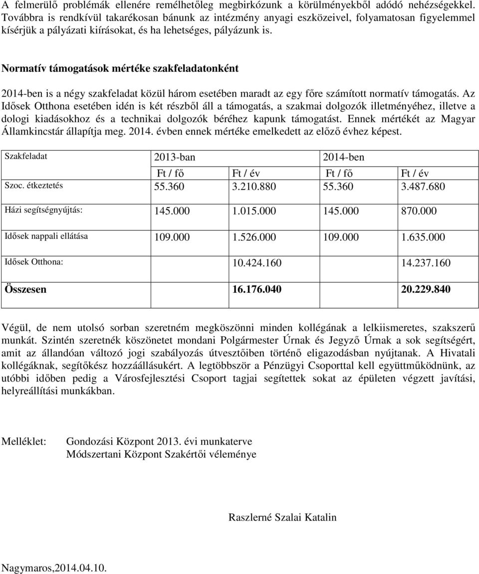 Normatív támogatások mértéke szakfeladatonként 2014-ben is a négy szakfeladat közül három esetében maradt az egy főre számított normatív támogatás.