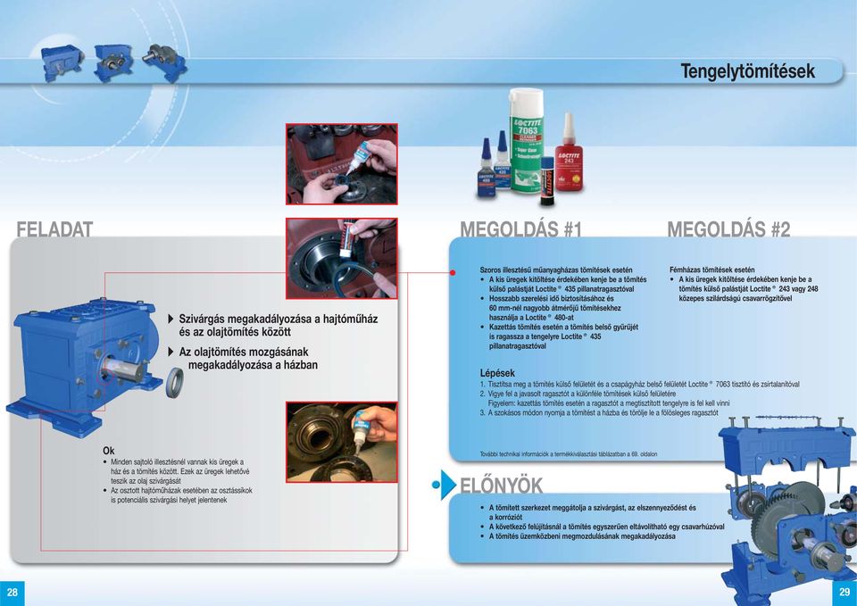 Loctite 480-at Kazettás tömítés esetén a tömítés belső gyűrűjét is ragassza a tengelyre Loctite 435 pillanatragasztóval Fémházas tömítések esetén A kis üregek kitöltése érdekében kenje be a tömítés