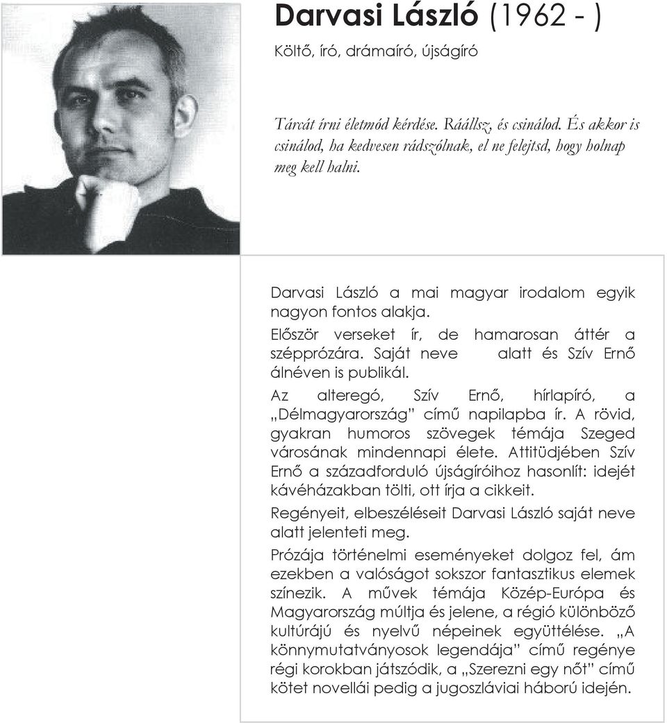 Az alteregó, Szív Ernő, hírlapíró, a Délmagyarország című napilapba ír. A rövid, gyakran humoros szövegek témája Szeged városának mindennapi élete.