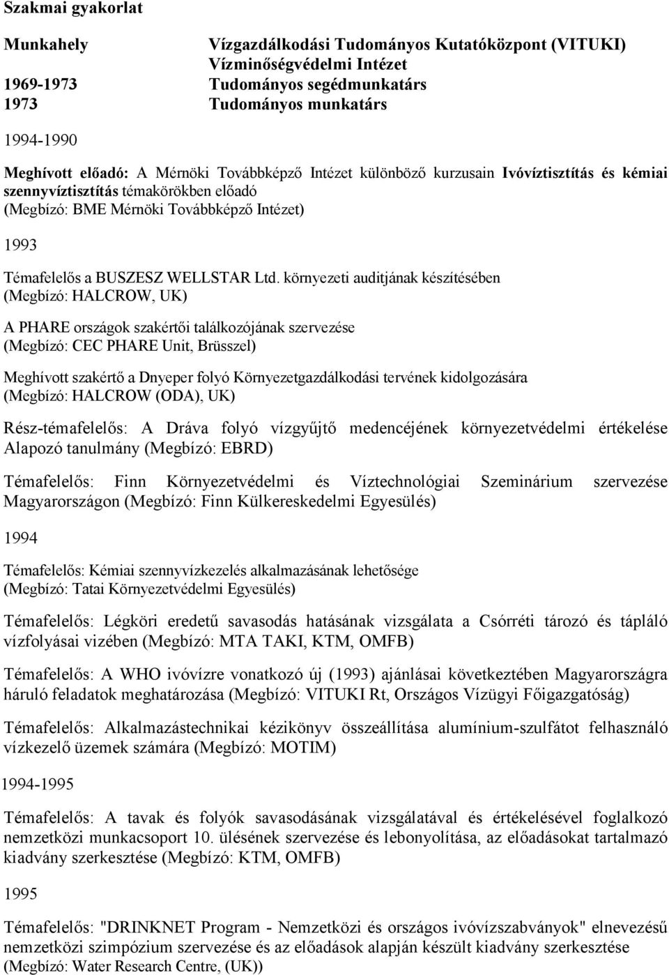 környezeti auditjának készítésében (Megbízó: HALCROW, UK) A PHARE országok szakértői találkozójának szervezése (Megbízó: CEC PHARE Unit, Brüsszel) Meghívott szakértő a Dnyeper folyó