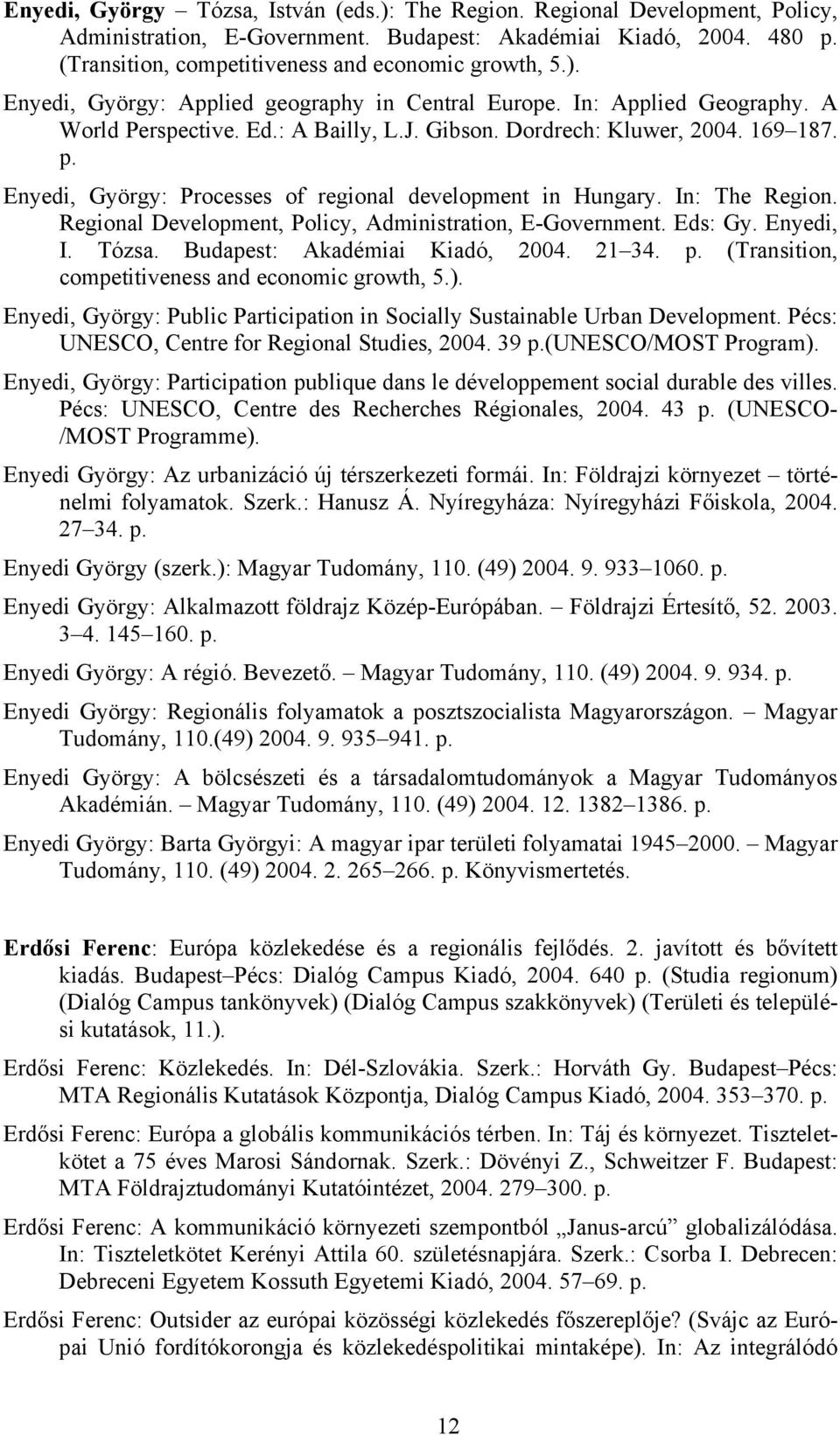 Dordrech: Kluwer, 2004. 169 187. p. Enyedi, György: Processes of regional development in Hungary. In: The Region. Regional Development, Policy, Administration, E-Government. Eds: Gy. Enyedi, I. Tózsa.