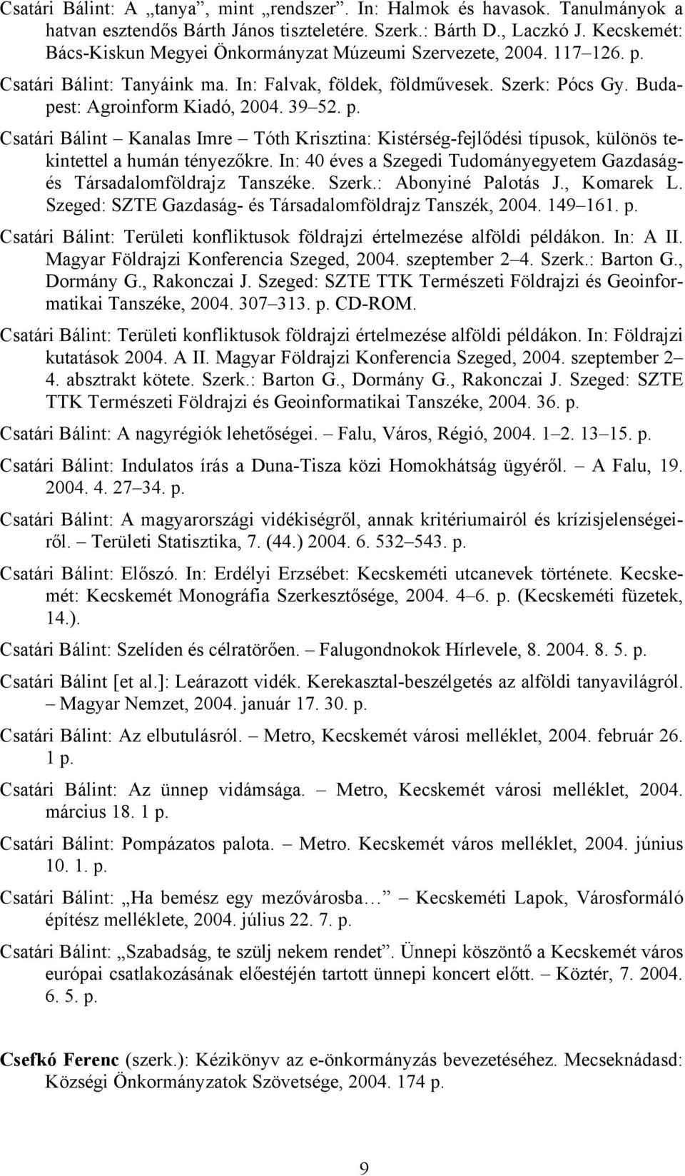 p. Csatári Bálint Kanalas Imre Tóth Krisztina: Kistérség-fejlődési típusok, különös tekintettel a humán tényezőkre. In: 40 éves a Szegedi Tudományegyetem Gazdaságés Társadalomföldrajz Tanszéke. Szerk.