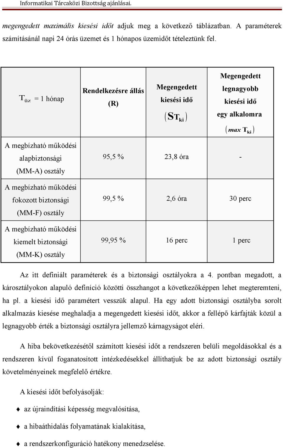 működési fokozott biztonsági (MM-F) osztály A megbízható működési kiemelt biztonsági (MM-K) osztály 95,5 % 23,8 óra - 99,5 % 2,6 óra 30 perc 99,95 % 16 perc 1 perc Az itt definiált paraméterek és a