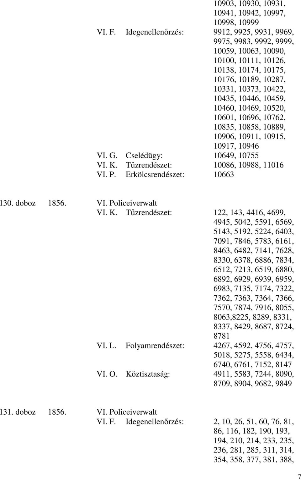 10469, 10520, 10601, 10696, 10762, 10835, 10858, 10889, 10906, 10911, 10915, 10917, 10946 VI. G. Cselédügy: 10649, 10755 VI. K. Tűzrendészet: 10086, 10988, 11016 VI. P. Erkölcsrendészet: 10663 130.