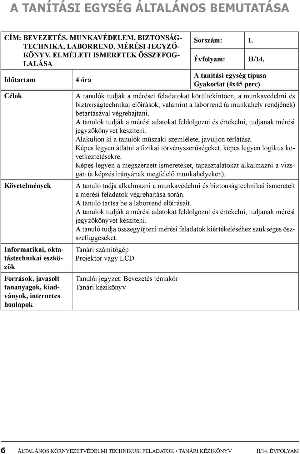 A tanítási egység típusa 4 óra Gyakorlat (4x45 perc) A tanulók tudják a mérései feladatokat körültekintően, a munkavédelmi és biztonságtechnikai előírások, valamint a laborrend (a munkahely