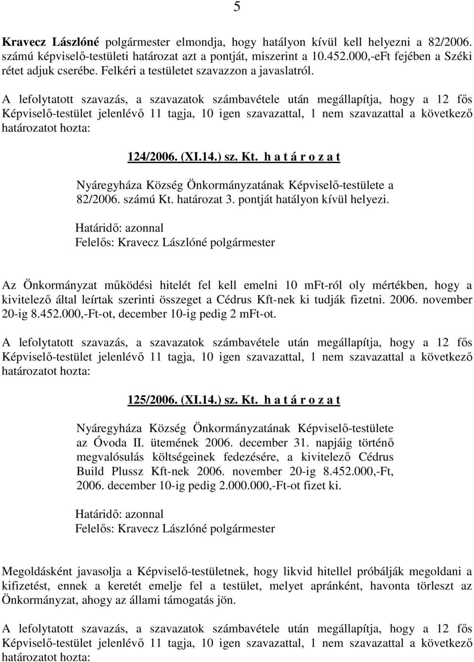 Képviselı-testület jelenlévı 11 tagja, 10 igen szavazattal, 1 nem szavazattal a következı határozatot hozta: 124/2006. (XI.14.) sz. Kt.