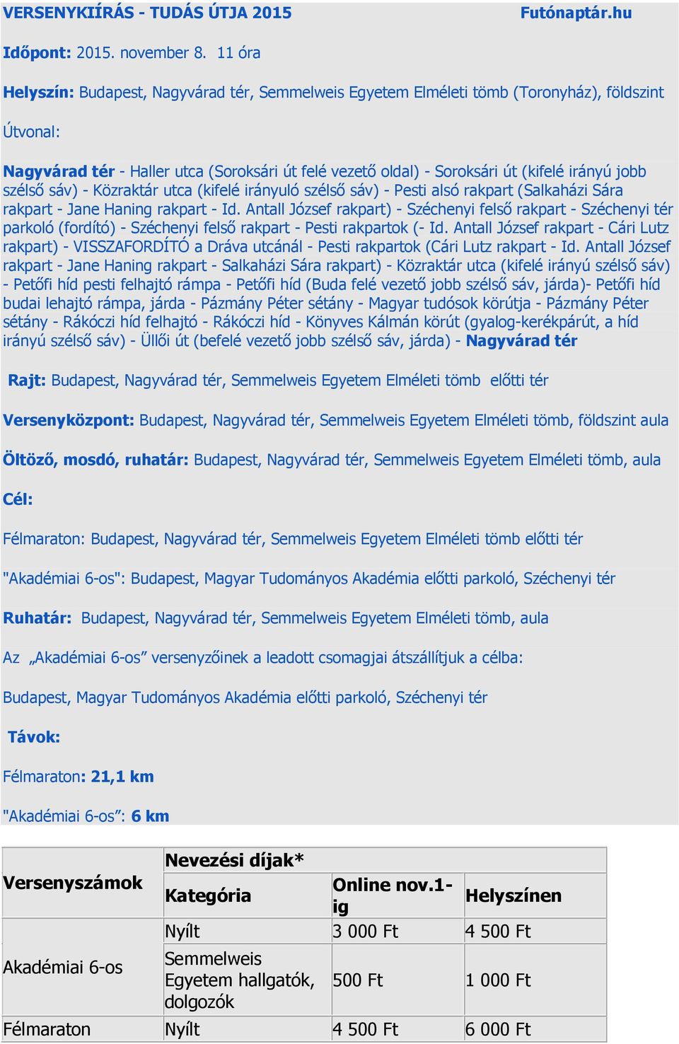 jobb szélső sáv) - Közraktár utca (kifelé irányuló szélső sáv) - Pesti alsó rakpart (Salkaházi Sára rakpart - Jane Haning rakpart - Id.