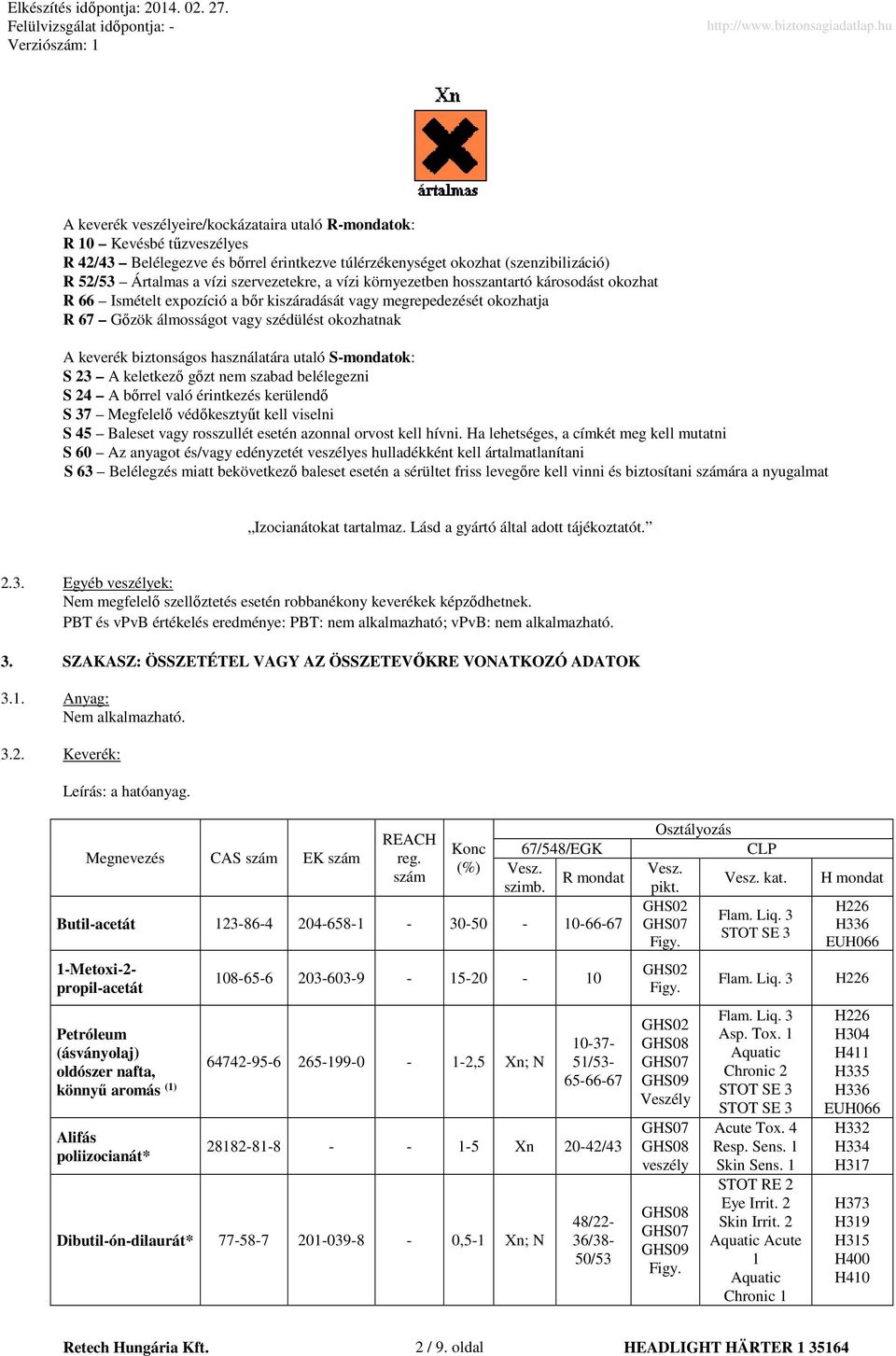 biztonságos használatára utaló S-mondatok: S 23 A keletkező gőzt nem szabad belélegezni S 24 A bőrrel való érintkezés kerülendő S 37 Megfelelő védőkesztyűt kell viselni S 45 Baleset vagy rosszullét