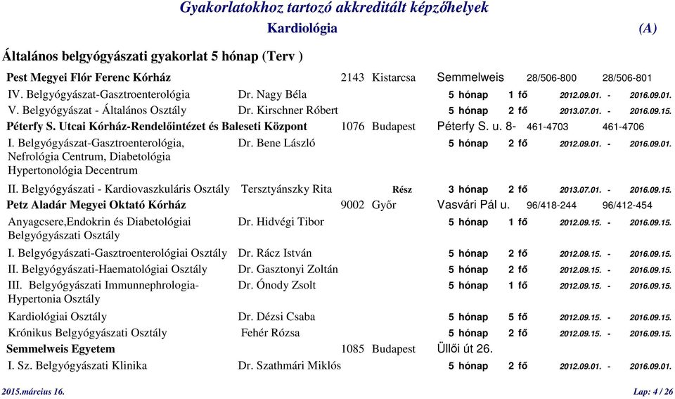 Utcai Kórház-Rendelőintézet és Baleseti Központ 1076 Budapest Péterfy S. u. 8-461-4703 461-4706 I. Belgyógyászat-Gasztroenterológia, Dr. Bene László 5 hónap 2 fő 2012