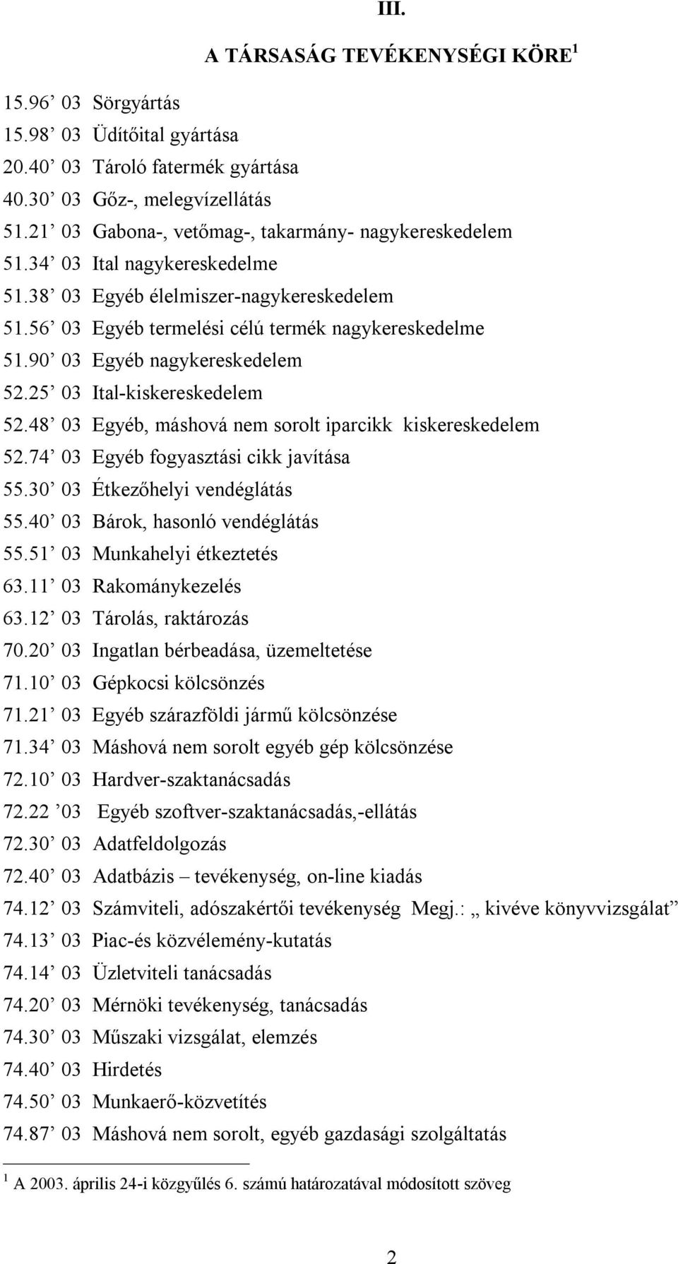 90 03 Egyéb nagykereskedelem 52.25 03 Ital-kiskereskedelem 52.48 03 Egyéb, máshová nem sorolt iparcikk kiskereskedelem 52.74 03 Egyéb fogyasztási cikk javítása 55.30 03 Étkezőhelyi vendéglátás 55.