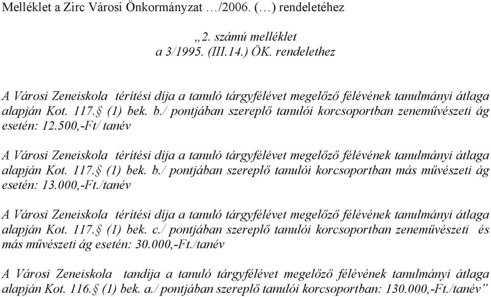 500,-Ft/ tanév A Városi Zeneiskola térítési díja a tanuló tárgyfélévet megelőző félévének tanulmányi átlaga alapján Kot. 117. (1) be