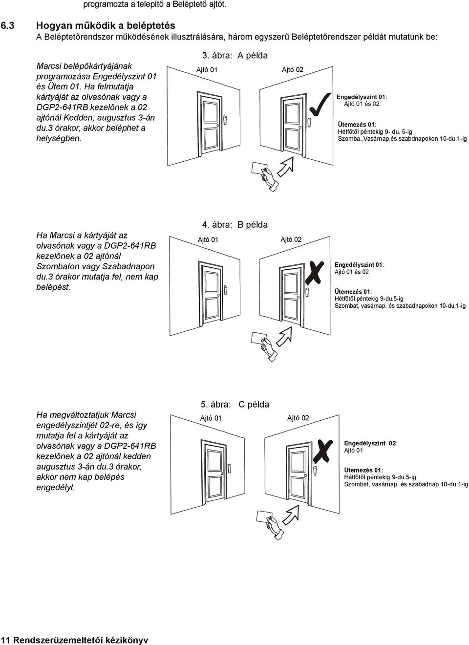Ha felmutatja kártyáját az olvasónak vagy a DGP2-641RB kezelőnek a 02 ajtónál Kedden, augusztus 3-án du.3 órakor, akkor beléphet a helységben. 3. ábra: A példa Ajtó 01 Ajtó 02 Ütemezés 01: Hétfõtõl péntekig 9- du.