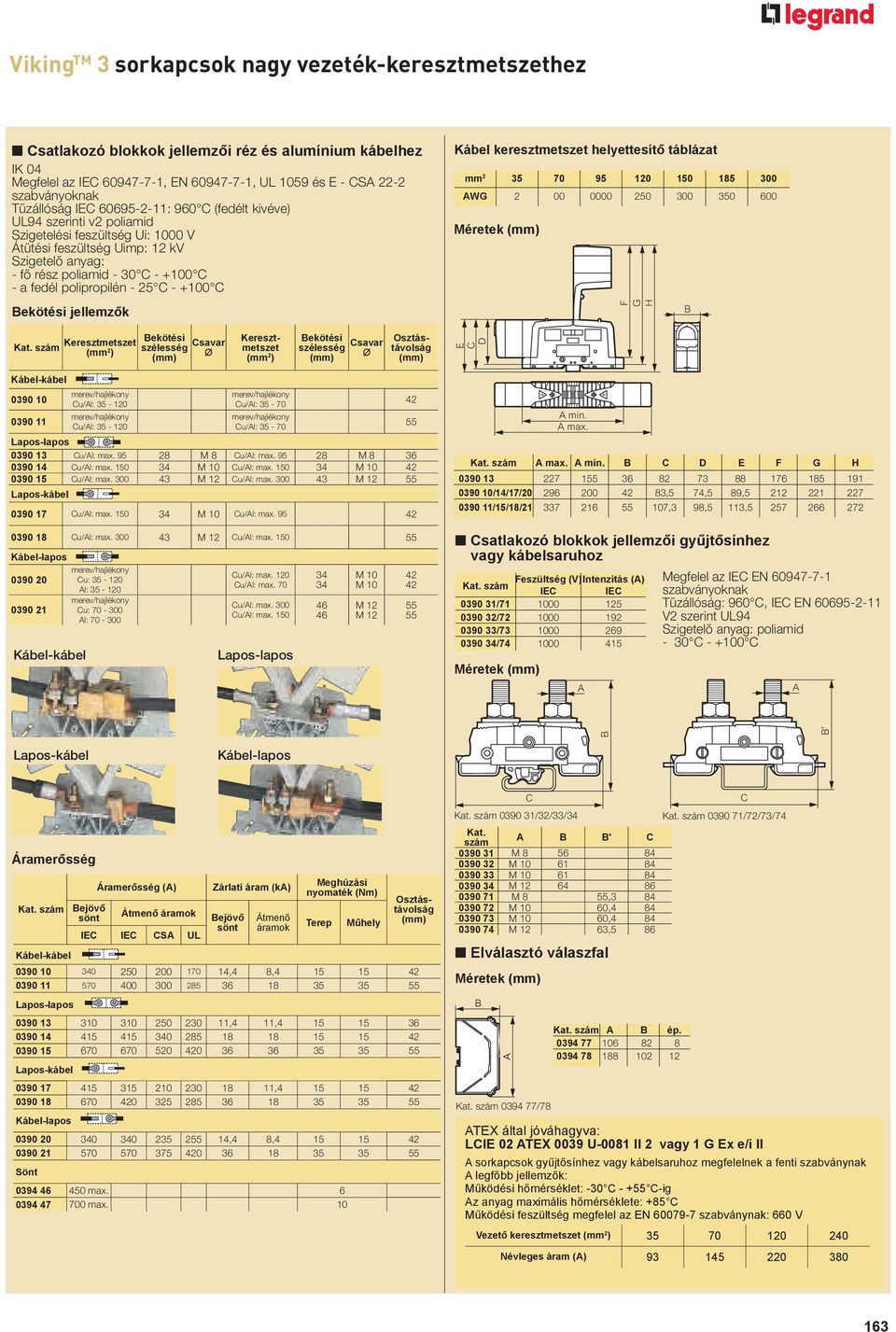 helyettesítő táblázat mm 35 70 95 0 AWG 00 0000 3 00 Méretek F G H B Kereszt metszet Bekötési szélesség Csavar Ø Keresztmetszet Bekötési szélesség Csavar Ø Osztástávolság E C D Kábel-kábel 0390 0390