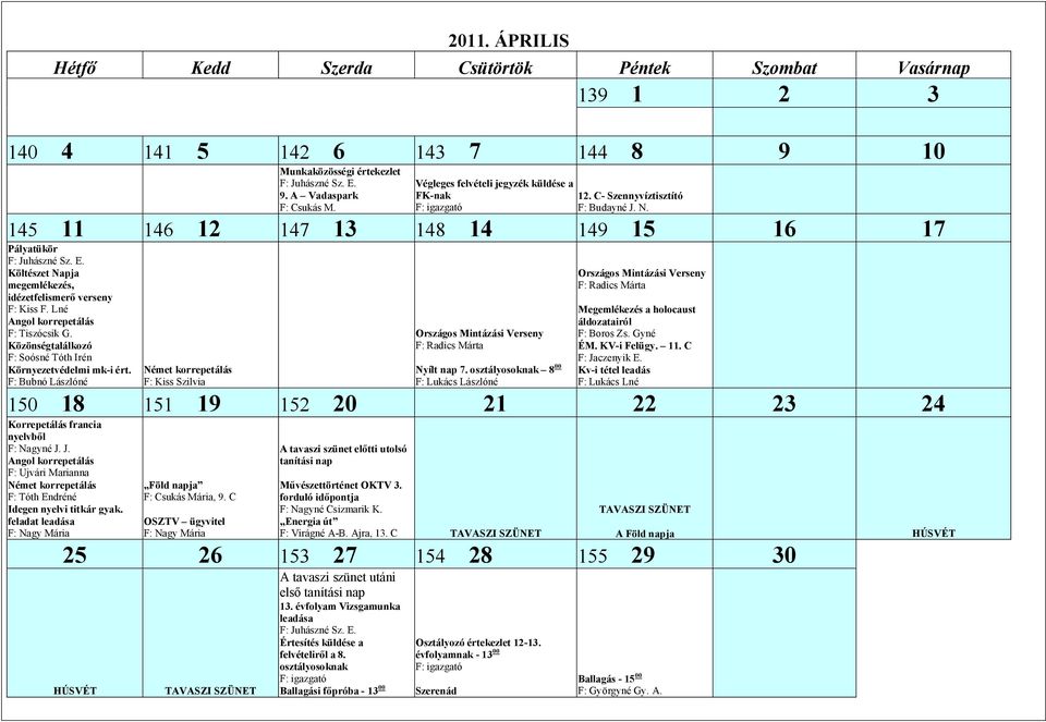 Országos Mintázási Verseny Radics Márta Nyílt nap 7. osztályosoknak 8 00 Országos Mintázási Verseny Radics Márta Megemlékezés a holocaust áldozatairól Boros Zs. Gyné ÉM. KV-i Felügy. 11.