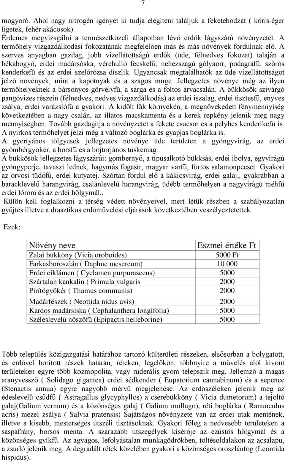 A termőhely vízgazdálkodási fokozatának megfelelően más és más növények fordulnak elő.
