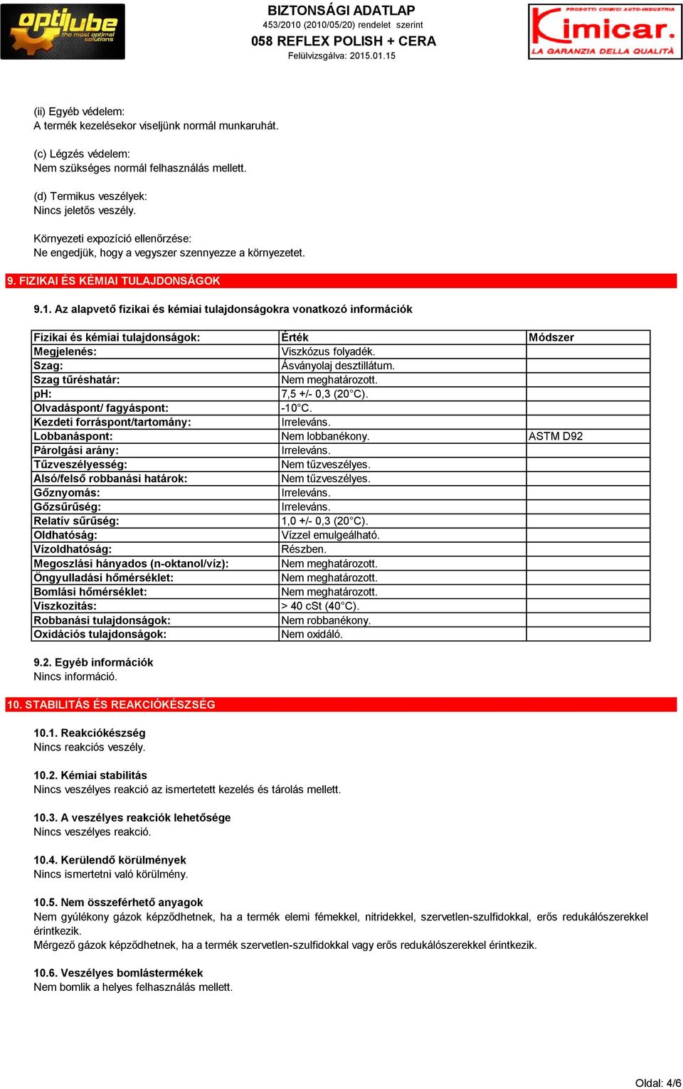 Az alapvető fizikai és kémiai tulajdonságokra vonatkozó információk Fizikai és kémiai tulajdonságok: Érték Módszer Megjelenés: Viszkózus folyadék. Szag: Ásványolaj desztillátum.