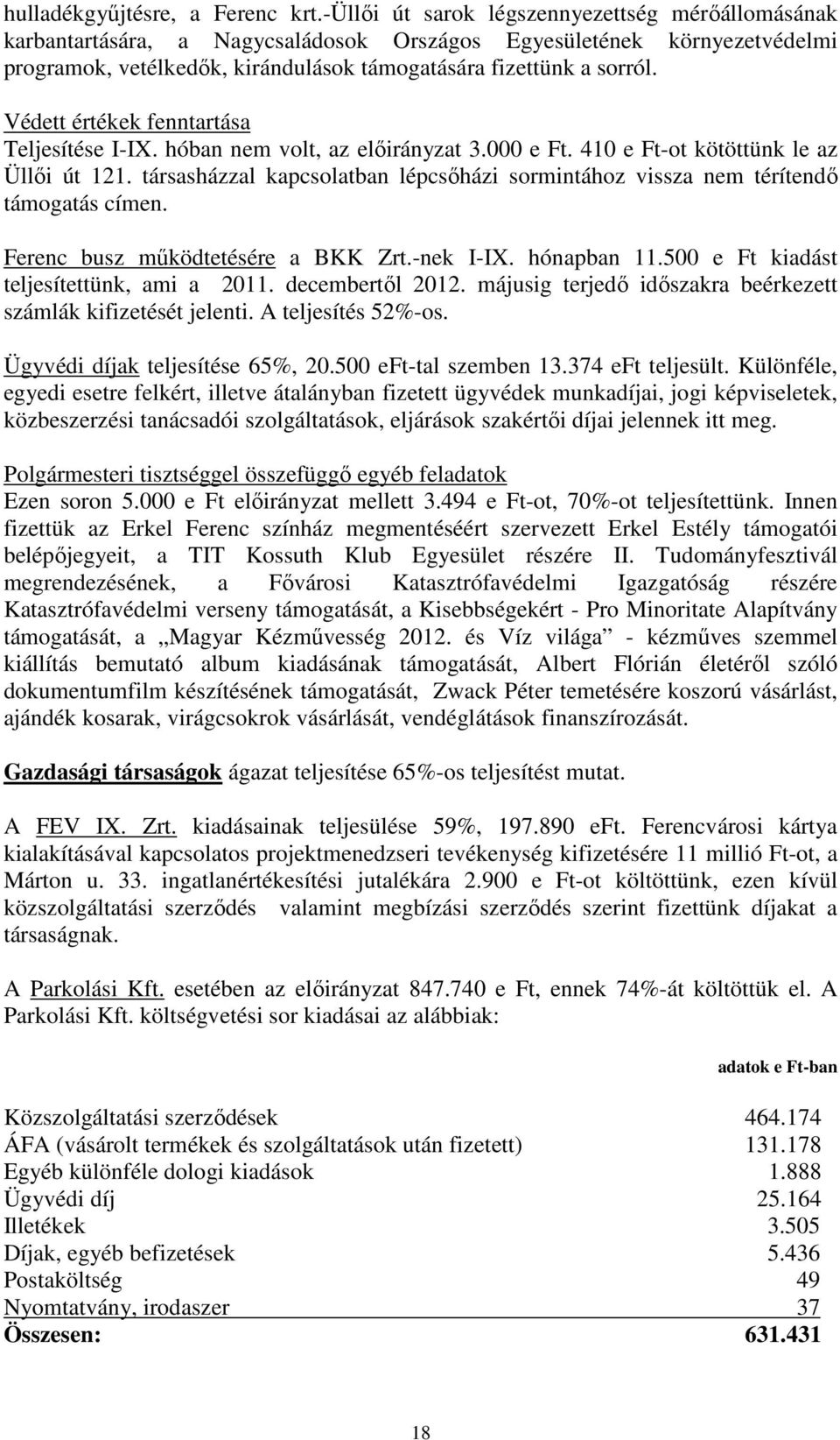 Védett értékek fenntartása Teljesítése I-IX. hóban nem volt, az előirányzat 3.000 e Ft. 410 e Ft-ot kötöttünk le az Üllői út 121.