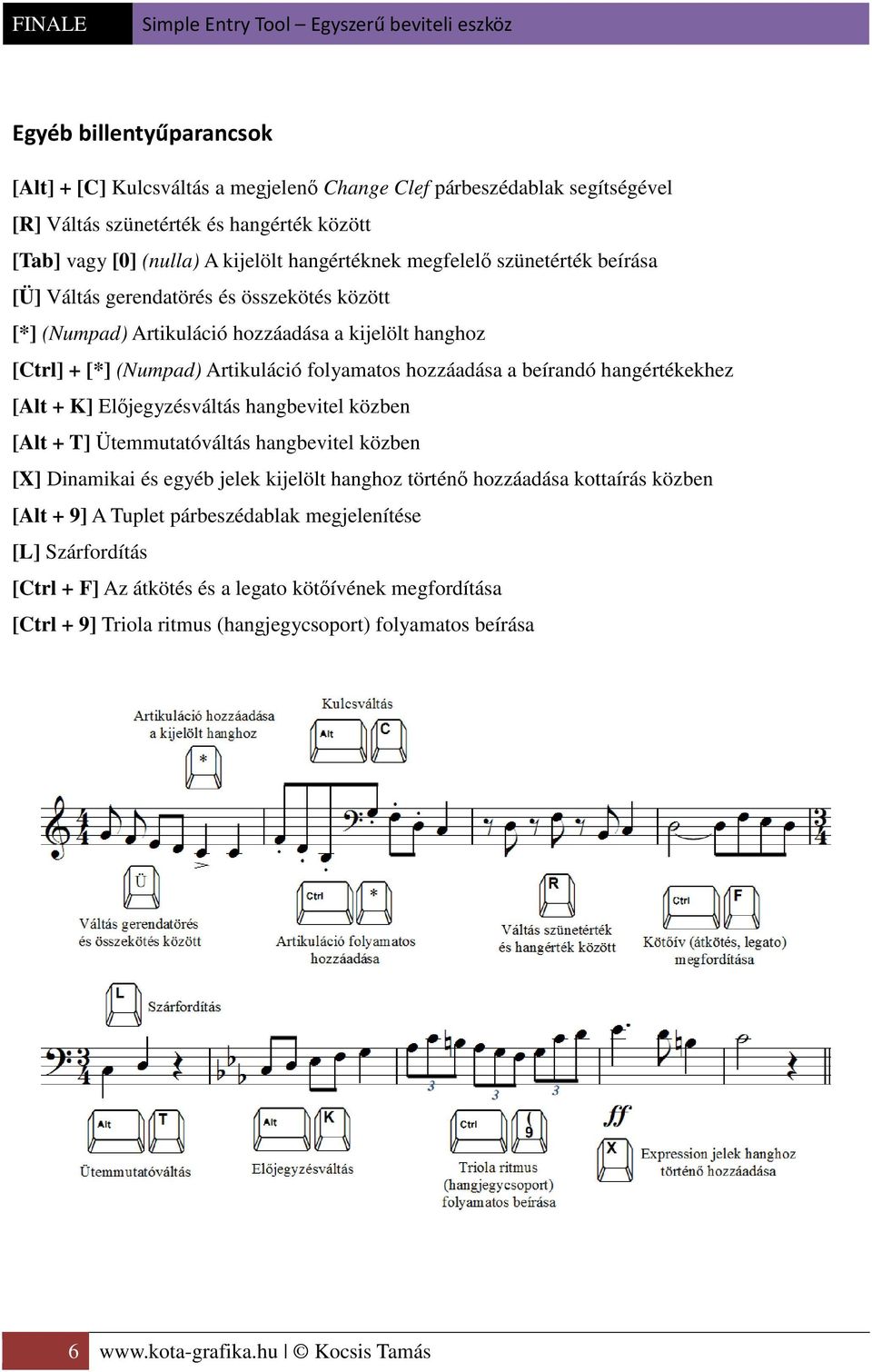 hangértékekhez [Alt + K] Előjegyzésváltás hangbevitel közben [Alt + T] Ütemmutatóváltás hangbevitel közben [X] Dinamikai és egyéb jelek kijelölt hanghoz történő hozzáadása kottaírás közben [Alt + 9]