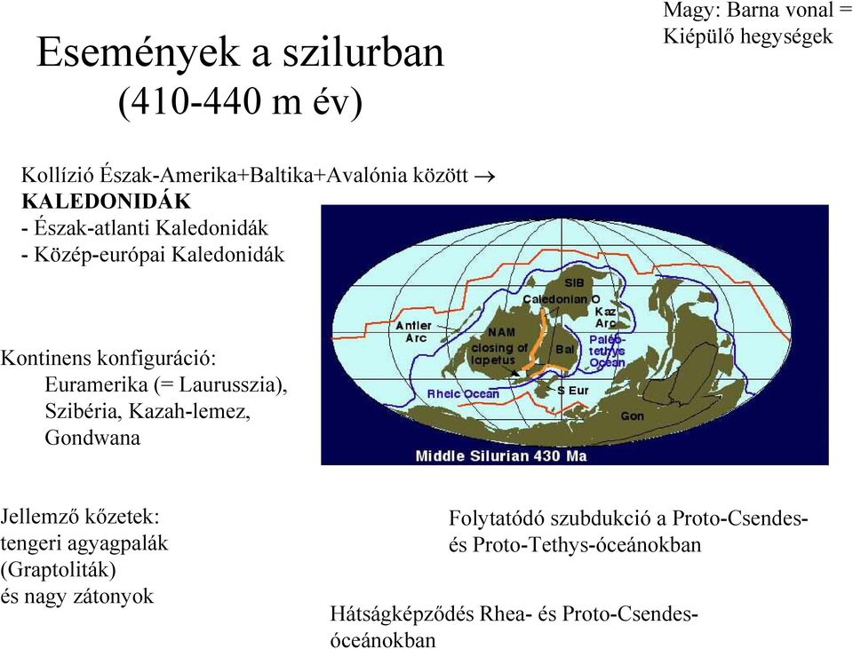 Kontinens konfiguráció: Euramerika (= Laurusszia), Szibéria, Kazah-lemez, Gondwana Jellemzı kızetek: tengeri
