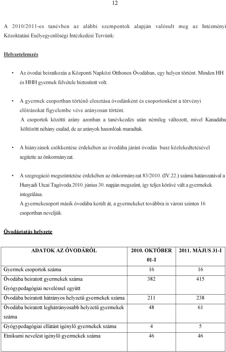 A gyermek csoportban történı elosztása óvodánként és csoportonként a törvényi elıírásokat figyelembe véve arányosan történt.