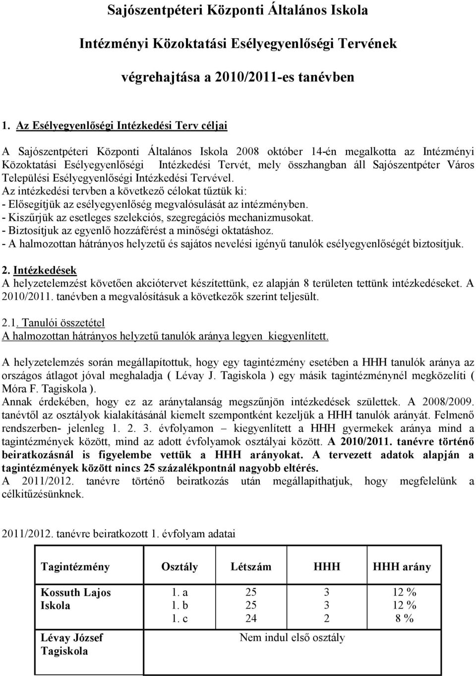 áll Sajószentpéter Város Települési Esélyegyenlıségi Intézkedési Tervével. Az intézkedési tervben a következı célokat tőztük ki: - Elısegítjük az esélyegyenlıség megvalósulását az intézményben.