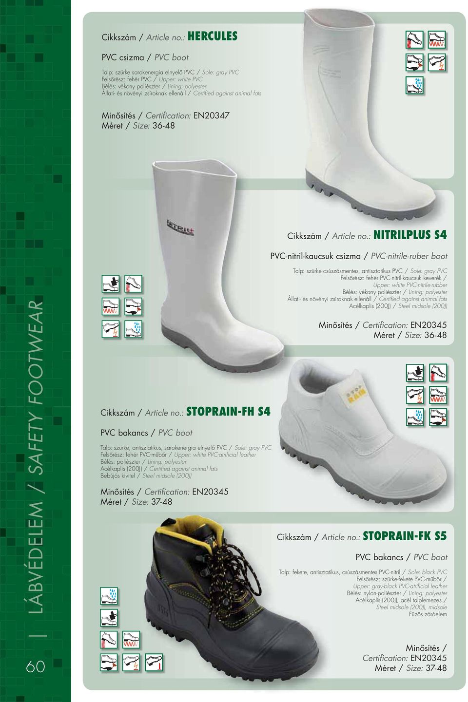 zsíroknak ellenáll / Certifi ed against animal fats : NITRILPLUS S4 PVC-nitril-kaucsuk csizma / PVC-nitrile-ruber boot : STOPRAIN-FH S4 PVC bakancs / PVC boot Talp: szürke, antisztatikus,