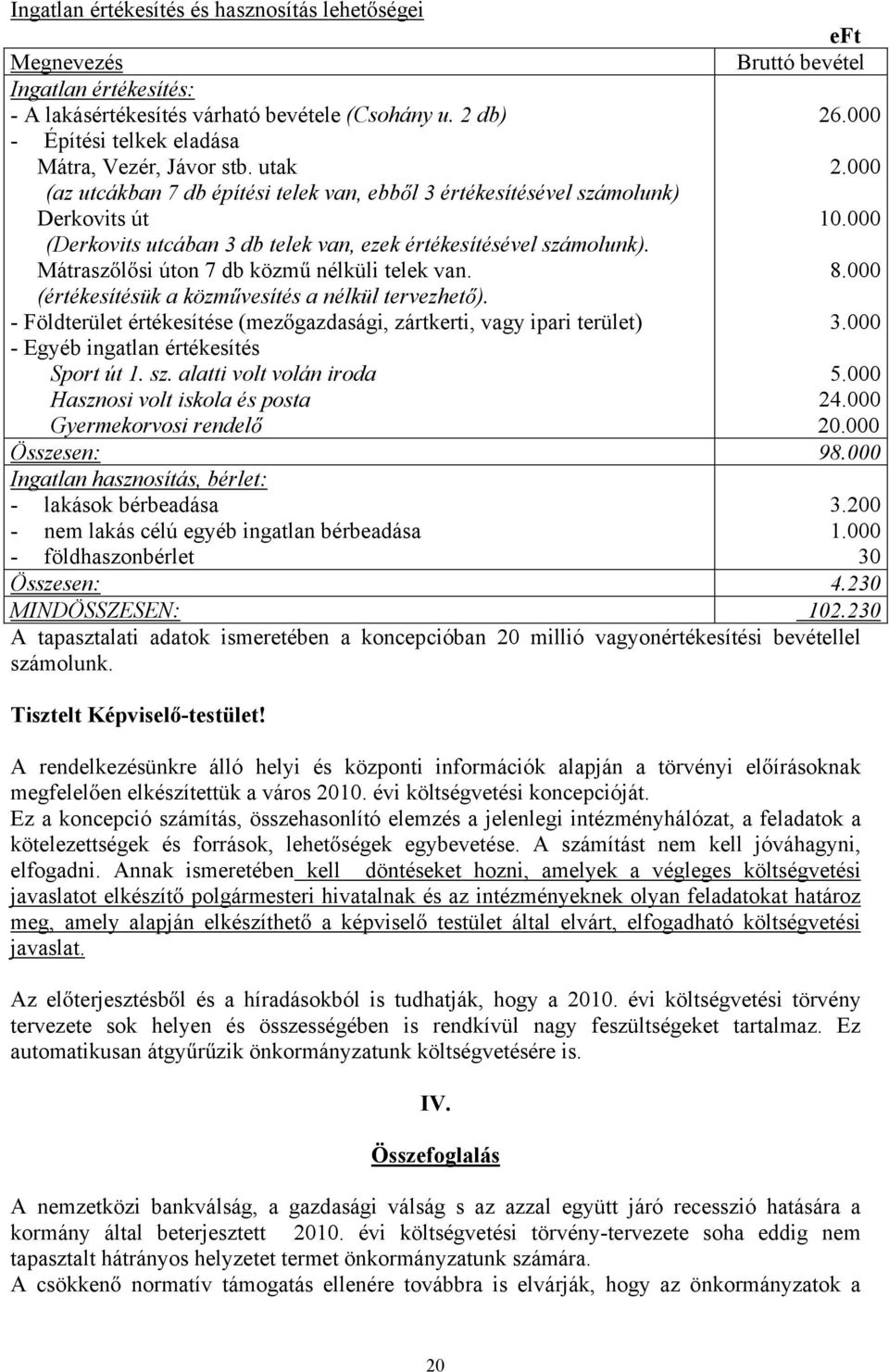 000 (Derkovits utcában 3 db telek van, ezek értékesítésével számolunk). Mátrasz l si úton 7 db közm nélküli telek van. 8.000 (értékesítésük a közm vesítés a nélkül tervezhet ).