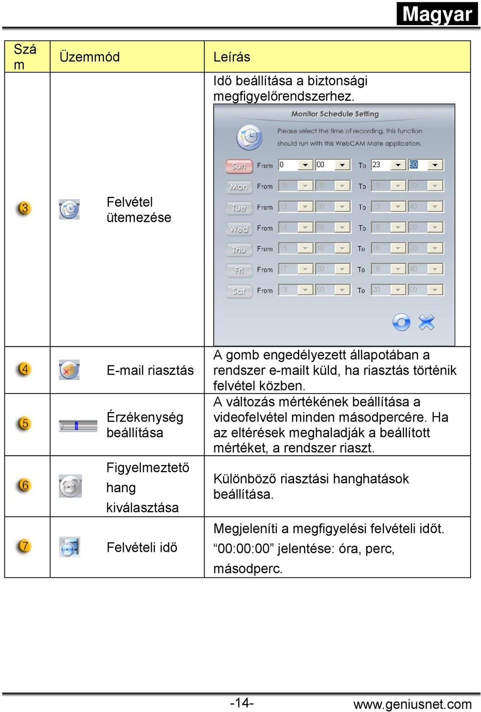 a rendszer e-mailt küld, ha riasztás történik felvétel közben. A változás mértékének beállítása a videofelvétel minden másodpercére.